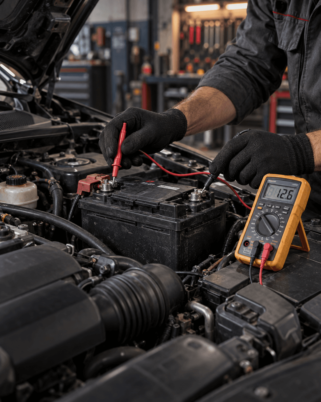 Akü üzerinde multimetreyle yapılan elektrik kontrolünü gösteren temsili servis görseli